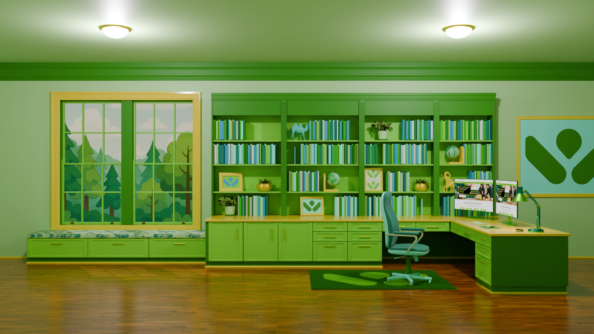 Custom stylized scene using company colors throughout